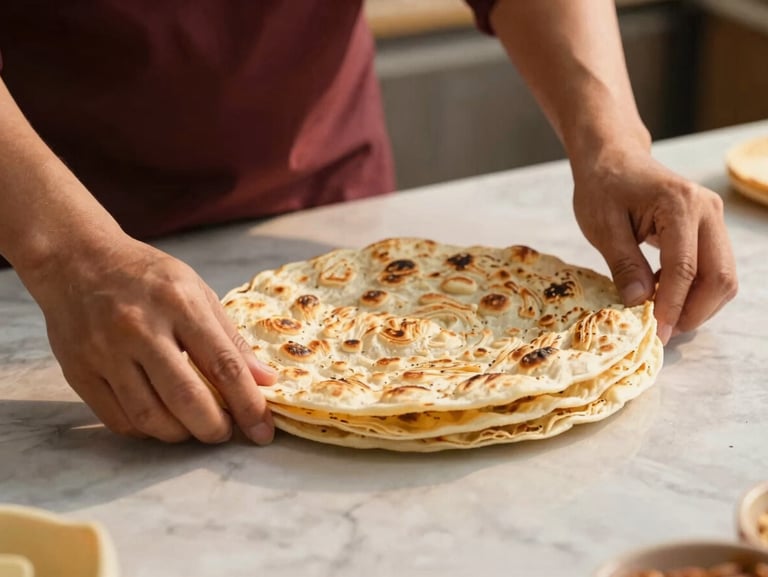 Warm editorial close-up of hands rolling traditional layered flatbreads on a marble counter, soft golden-hour light