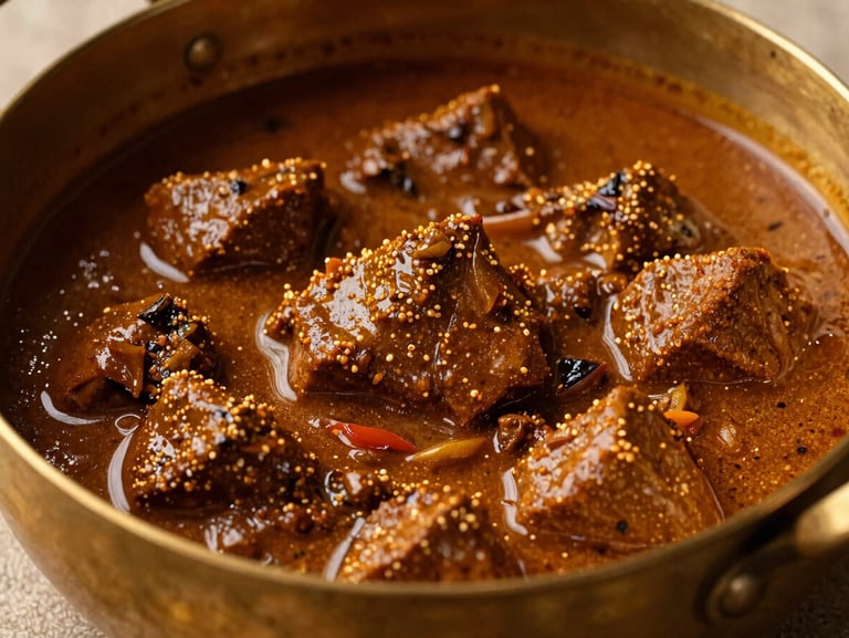 Tight macro shot of a rich, slow-simmered festive curry in a weathered brass pot, warm low-contrast side-lighting