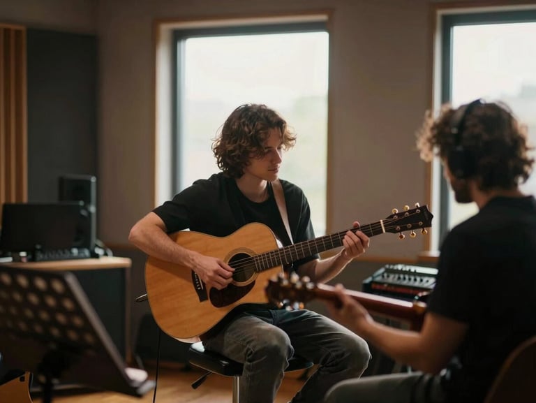 Video still of an intimate acoustic studio session, warm natural light streaming through large windows, soulful atmosphere
