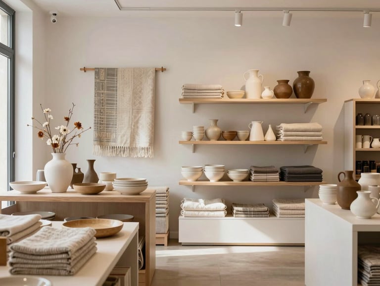 Interior of a serene, minimalist home decor boutique in Castellón, bright natural light, curated displays of textiles and ceramics.