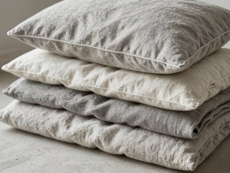 Soft organic linen throws and pillows in muted gray and off-white tones, stacked neatly.