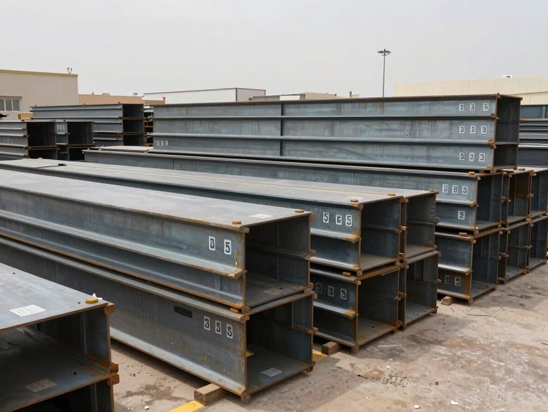 Wide environmental shot of a Saudi industrial manufacturing facility yard, steel structural components stacked in organized rows with visible serial markings and batch tags, overcast daylight, ground-level framing showing scale of stock depth