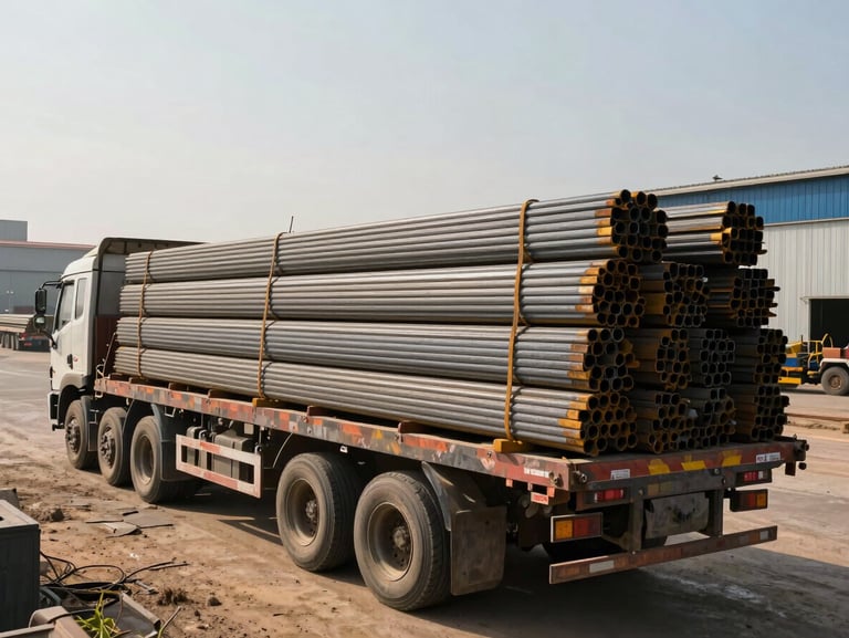 Wide environmental shot of a flatbed truck loaded with bundled steel pipe sections parked in an industrial yard under harsh afternoon sun, Eastern Province industrial infrastructure visible in background, dust on the ground, no crew visible — cargo and logistics in operational context