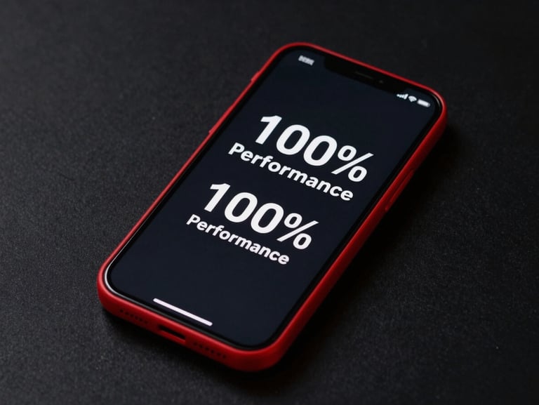 High-contrast screenshot mockup of a mobile device displaying a 100% performance score, framed with a sharp red border on a dark background.