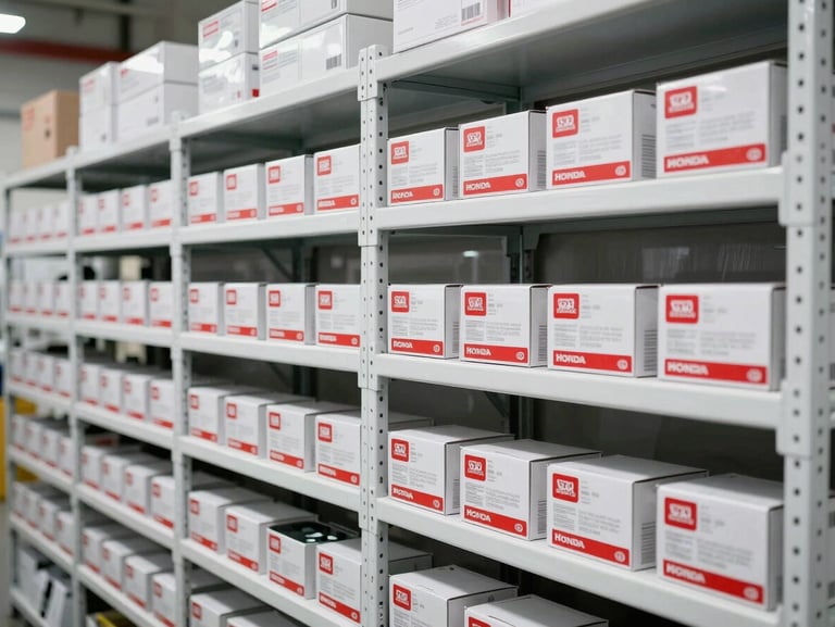 A clean, modern warehouse shelf with neatly organized genuine Honda spare parts boxes, red and white technical labels visible, bright white workshop lighting