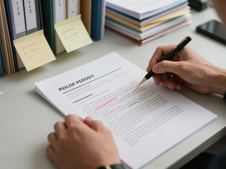 Hands reviewing a printed statement of purpose document on a desk with red-ink editorial marks and sticky notes, organized folders labeled by country visible in the background under even office lighting