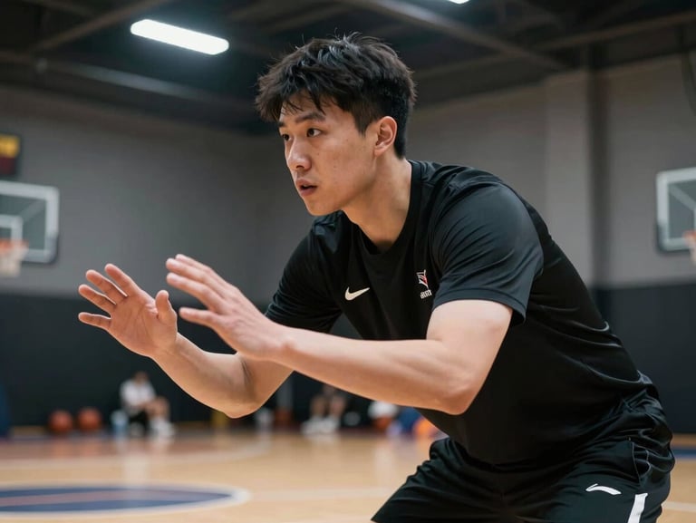 Close-up of a dynamic young basketball coach demonstrating a defensive stance on a polished wooden court, dramatic overhead gym light.