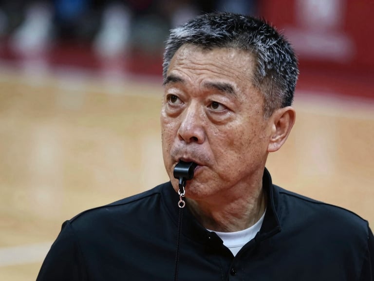 Close-up portrait of a veteran basketball coach with a whistle, looking determined on a hardwood court with soft side lighting.