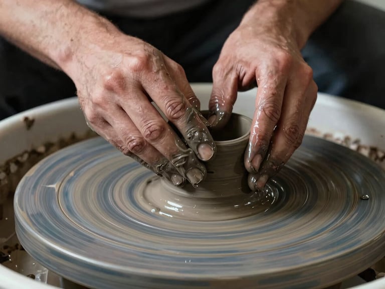 Extreme macro detail of an artist's hands shaping wet, dark clay on a spinning potter's wheel, water spraying softly, dramatic side-lighting