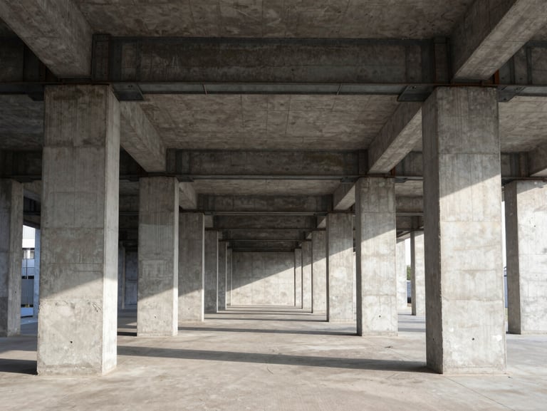 Symmetrical straight-on architectural shot of exposed steel joints and raw concrete pillars, harsh natural sunlight, desaturated industrial tones, sharp focus, 24mm lens.