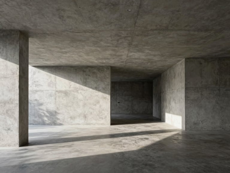 Wide-angle museum-grade photography of a completed minimalist concrete residential space, dramatic natural light casting long shadows across polished floors, sharp focus.