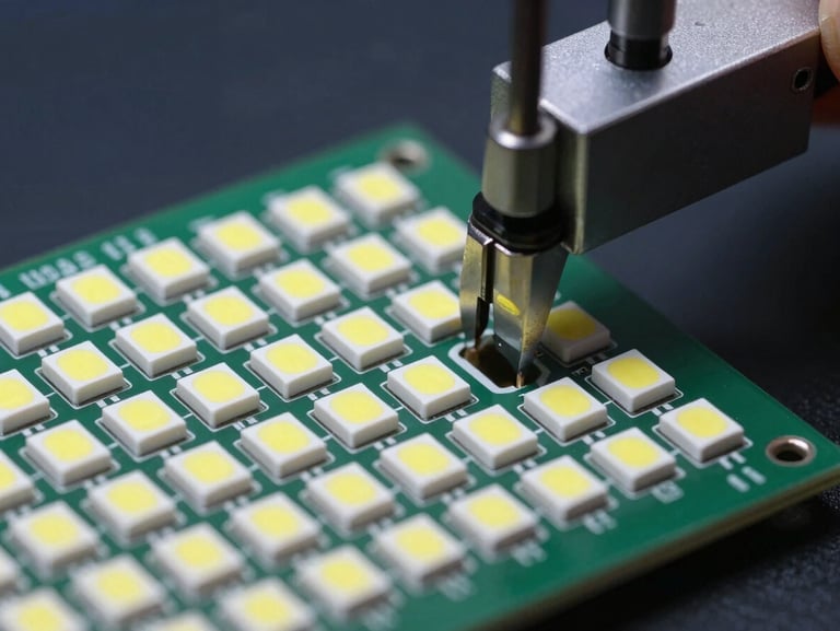 Macro detail shot of high-density LED modules, showing individual pixel-pitch diodes under calibration, sharp technical precision, dark navy background.