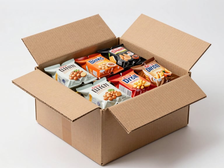 A clean, organized cardboard wholesale shipping box filled with neatly packed imported snacks, studio setting, bright lighting.