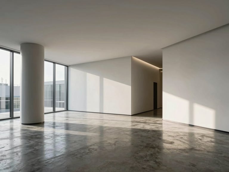 Clean, modern office interior with sharp architectural lines, natural light streaming across a concrete floor, reflecting permanence and stability.