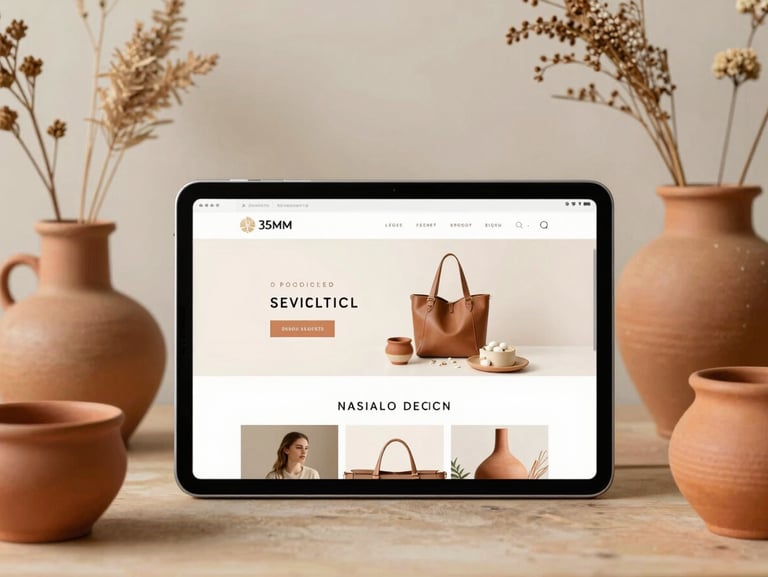 An iPad showing a clean modern e-commerce storefront, surrounded by organic terracotta pottery and dried botanical stems, soft daylight