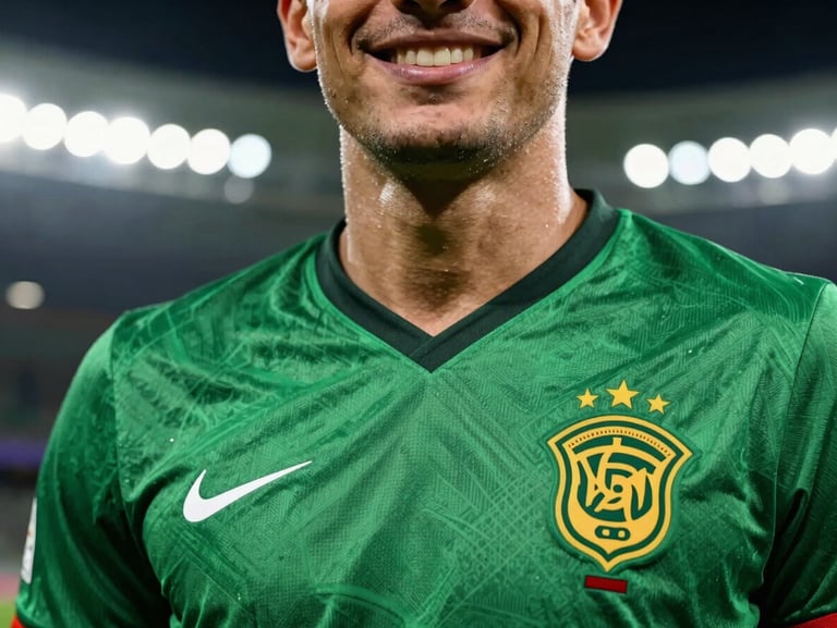 Close-up of a football fan smiling, wearing a green national team jersey under stadium lights, high-contrast, 35mm