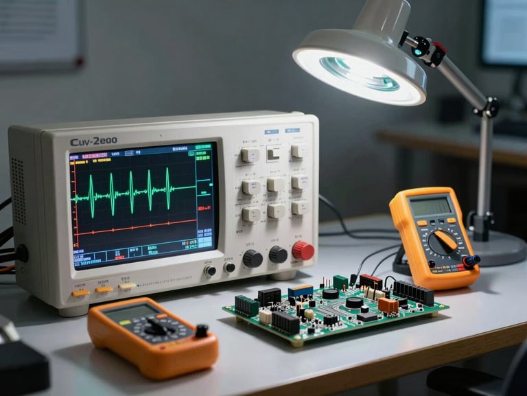 An electronics workbench with an oscilloscope showing real-time wave signals, a digital multimeter, and a clean circuit board under a magnifying lamp