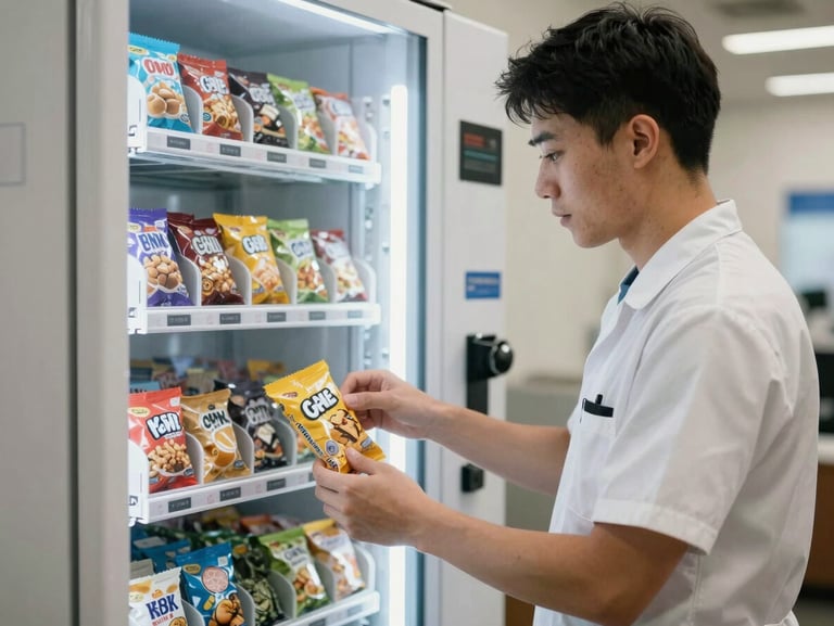 A professional Gozago technician in a clean uniform stocking premium snacks into a modern vending machine, bright natural lighting, focused shot.