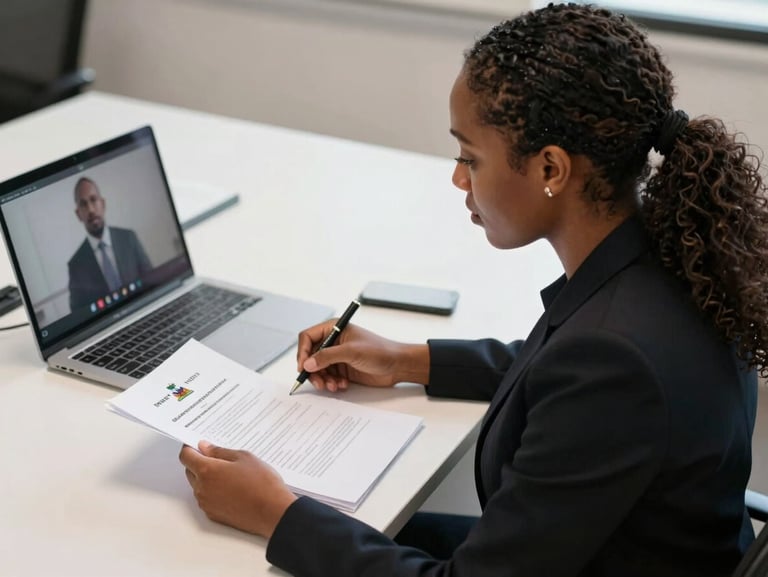 A professional Haitian Creole interpreter sitting at a clean workspace with official documents, listening intently during a remote legal deposition.