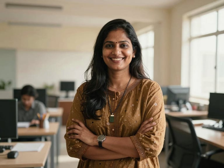 Candid portrait of an Indian woman engineer smiling confidently in a bright office environment, natural warm lighting, wide angle.
