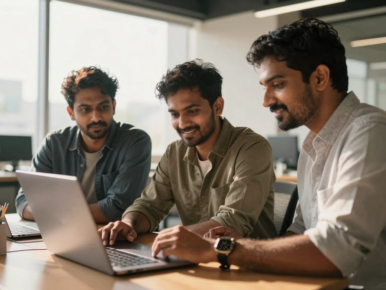 Candid medium shot of three Indian software engineers collaborating around a laptop in a sunlit, modern Bangalore office, natural daylight, warm golden undertones, confident expressions.