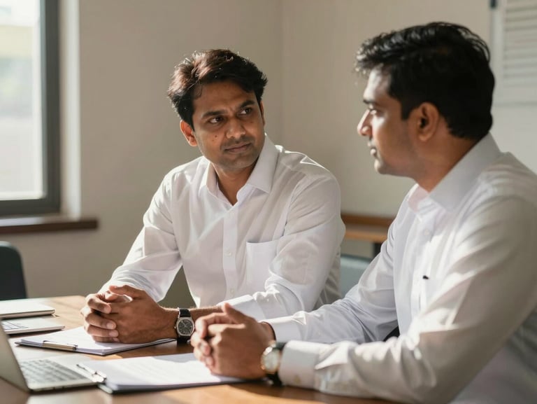 An Indian male professional in a smart casual shirt discussing strategy in a sunlit meeting room, warm daylight.