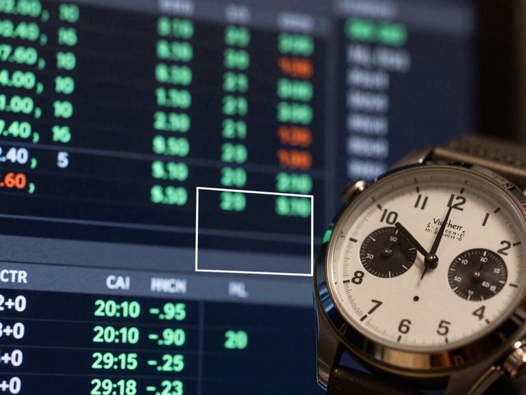 Macro close-up of a high-fidelity dark terminal interface showing pricing vectors, neon-mint data indicators, clean monospace charts, and a vintage chronograph watch overlaid with UI bounding boxes.