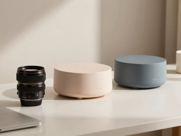 Minimalist desk organization products by Nusign, pastel and slate colors, professional creative studio environment, soft side lighting