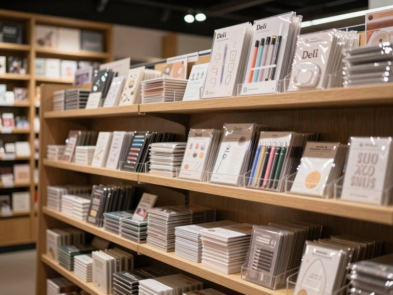 A beautifully organized retail display of Deli stationery products in a premium modern bookstore, clean shelving, warm inviting light