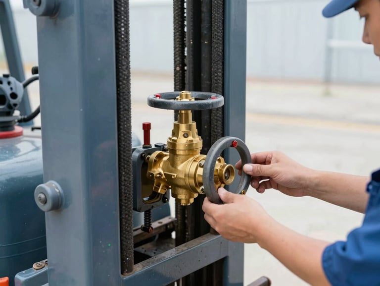 Close-up of a technician connecting a heavy-duty brass valve to a commercial forklift propane cylinder, bright daylight, 35mm