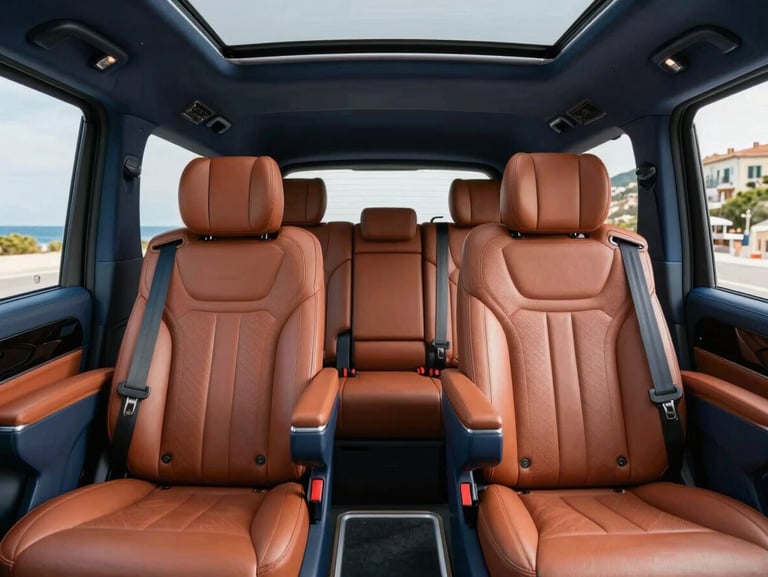 Interior of a premium Mercedes V-Class minivan, clean leather seats, spacious cabin, bright Mediterranean daylight filtering through the window.