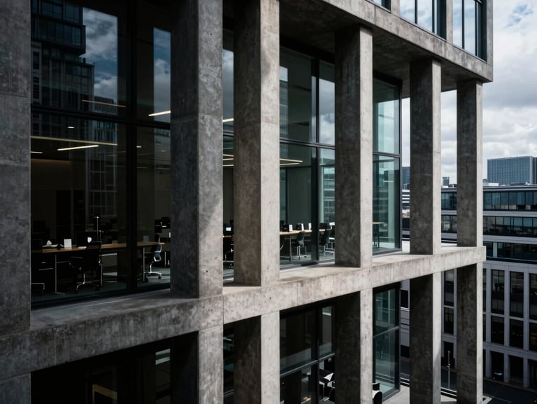 High-angle architectural shot of a modern London workspace with concrete pillars and glass, high-contrast overcast city light, deep shadows, cool tones, 35mm lens, dramatic perspective.