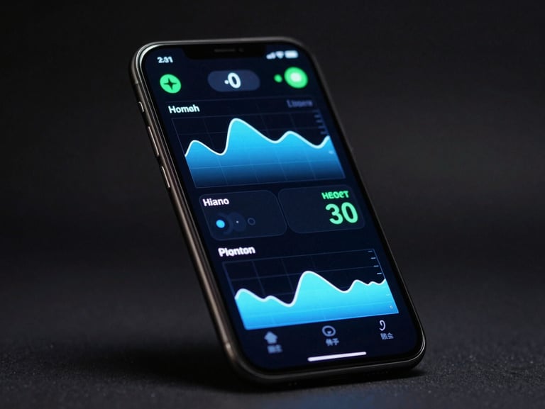 Sleek Android phone displaying a health monitoring app with electric blue telemetry graphs, dark studio background, sharp focus