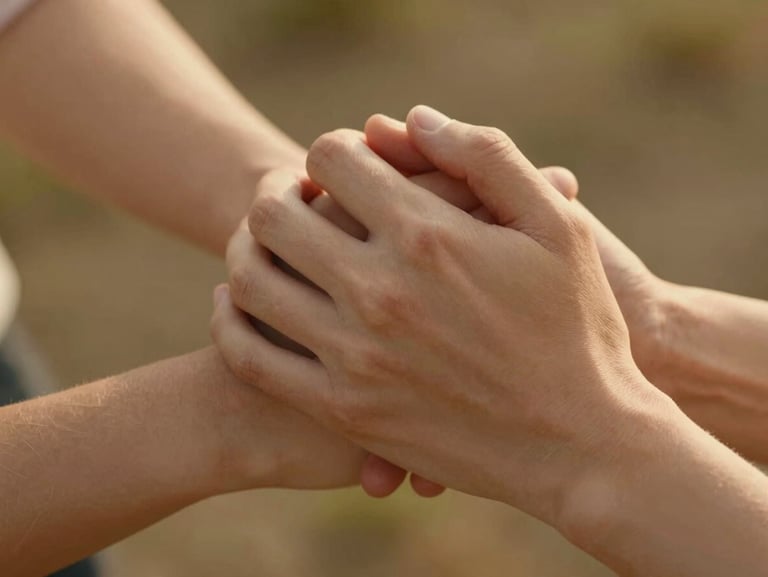 Intimate close-up of a couple's hands intertwined, warm golden light, soft focus background