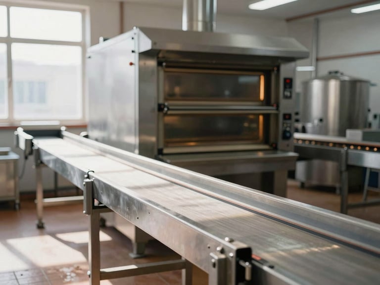 Commercial bakery production line with industrial ovens and steel conveyors, bright natural industrial daylight.