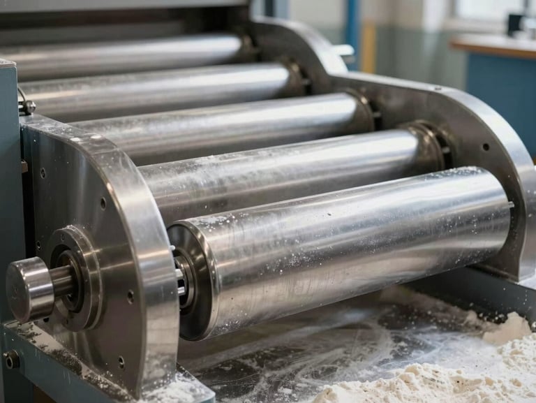Close-up of industrial flour milling rollers, stainless steel, high-contrast workshop lighting, sharp depth of field.
