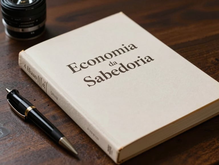 Detalhe em close-up do livro Economia da Sabedoria sobre uma mesa de madeira escura ao lado de uma caneta tinteiro elegante.