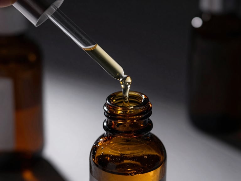 Macro shot of a sleek amber glass bottle being filled with a golden liquid via a precise stainless steel pipette, dramatic high-contrast side lighting, deep shadows, dark laboratory background