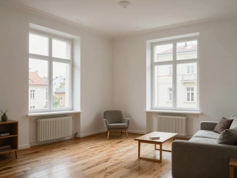 Vilnius apartment interior, bright living room with wooden floor, natural light through tall windows, minimal furnishings, no people, documentary style