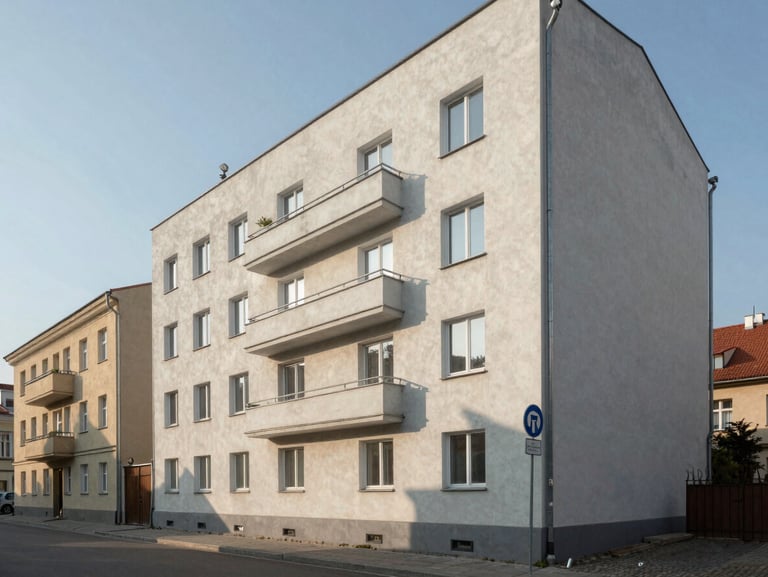 Vilnius residential building exterior on a quiet street, wide environmental framing, morning daylight, no people, clean architectural lines