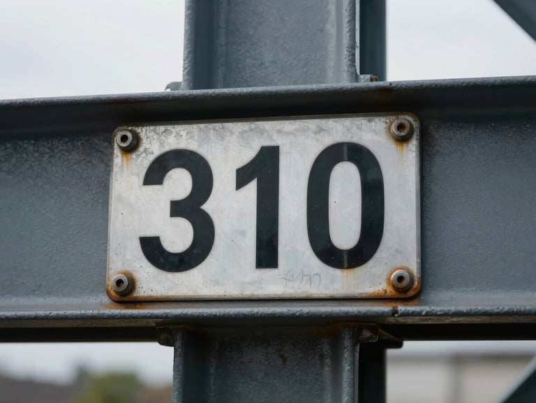 Close-up of a crane serial number and specs plate bolted to steel frame, overcast daylight, paint worn at edges, industrial texture, no people, extreme detail shot