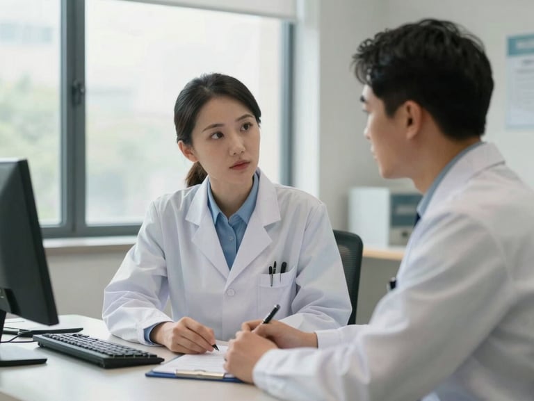 A clinician listening intently during an assessment, soft daylight from a large window, calm clinical room.
