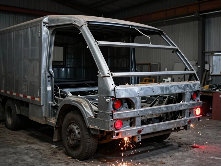Damaged and bent steel frame of a refrigerated truck body before repair, dusty workshop floor, high-contrast industrial photography