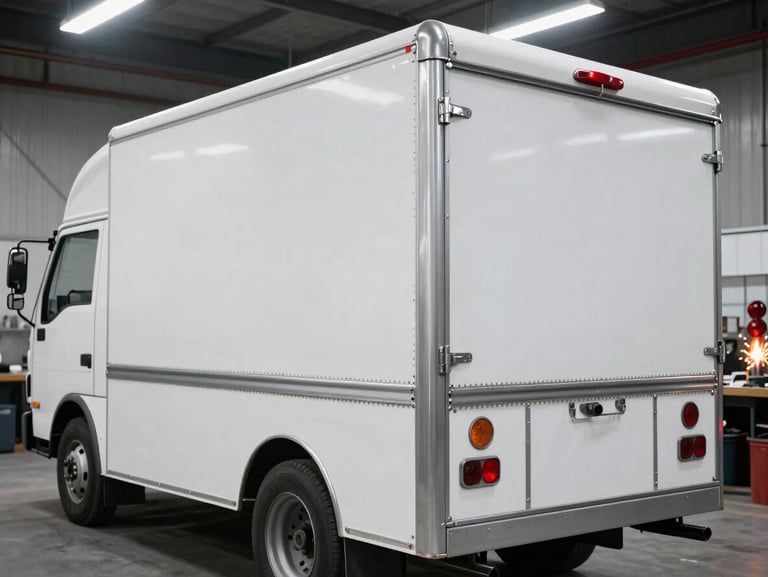 Fully restored and painted white refrigerated truck body after repair, clean welds, gleaming steel accents, bright workshop lighting