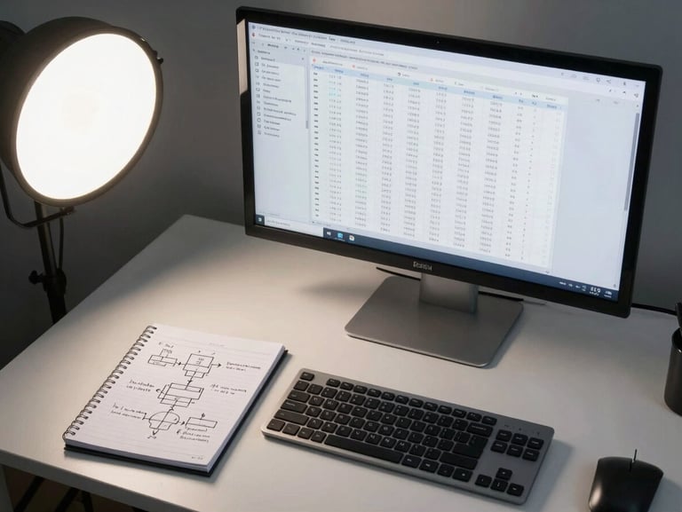 Wide organized workspace shot from above, a large monitor displaying a clean data interface with structured columns, a notepad with precise handwritten system diagrams beside a keyboard, even north-facing studio light, no people visible, clinical and methodical atmosphere