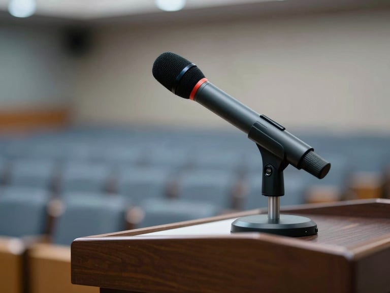 Close-up detail of a speaker podium with a microphone, modern auditorium seating softly blurred in the background, cool-toned lighting.