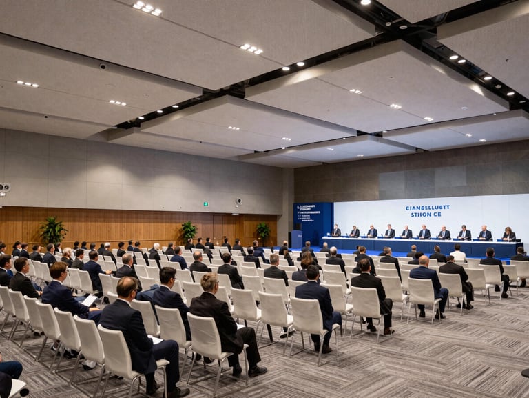 Wide environmental shot of a modern convention center hall during a major corporate summit, neat seating arrangements, crisp lighting