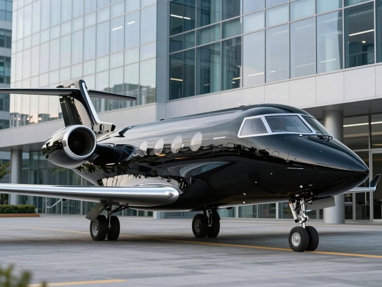 A sleek black executive shuttle vehicle parked in front of a modern glass office building, sharp clean reflections, professional corporate setting
