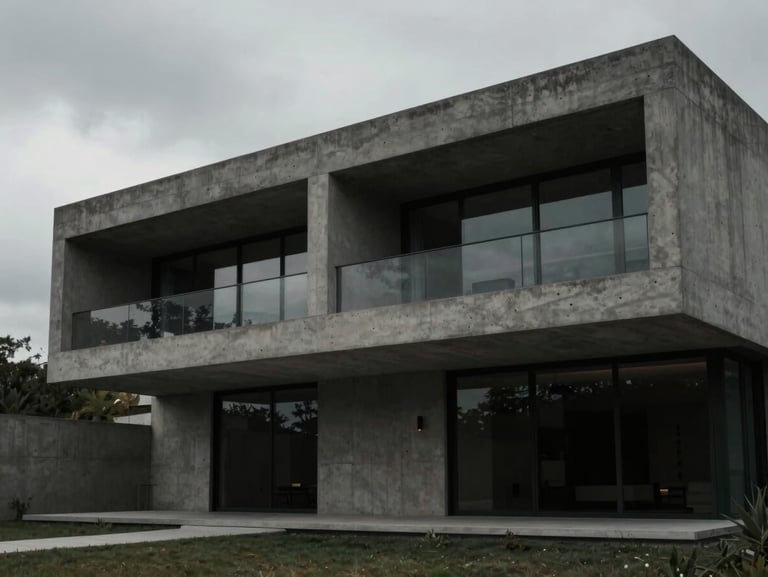 Cinematic architectural editorial photography, flat unedited RAW camera capture of a luxury concrete villa exterior, overcast sky, dull colors, raw and unpolished, high contrast, 35mm lens.