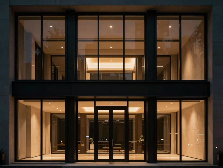 Interior of a luxury modern architectural home with floor-to-ceiling windows, symmetrical framing, warm dramatic lighting, sharp focus.